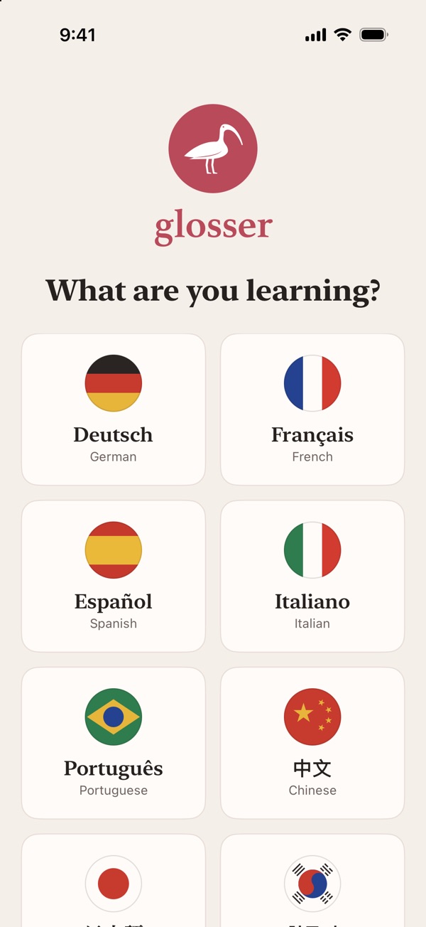 “What are you learning?” with a card for each language: Deutsch, Français, Español, Italiano, Português, 中文, then Japanese and Korean below.