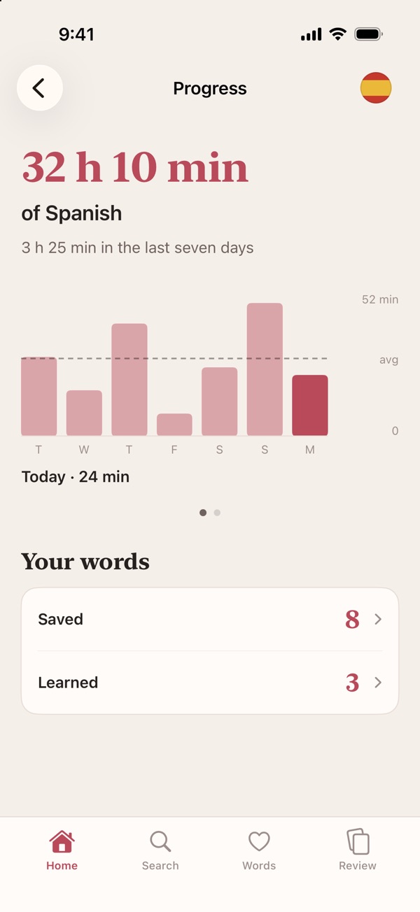Progress in Spanish: 32 hours 10 minutes listened, 3 hours 25 minutes in the last seven days, a bar for each day, and 8 words saved, 3 learned.