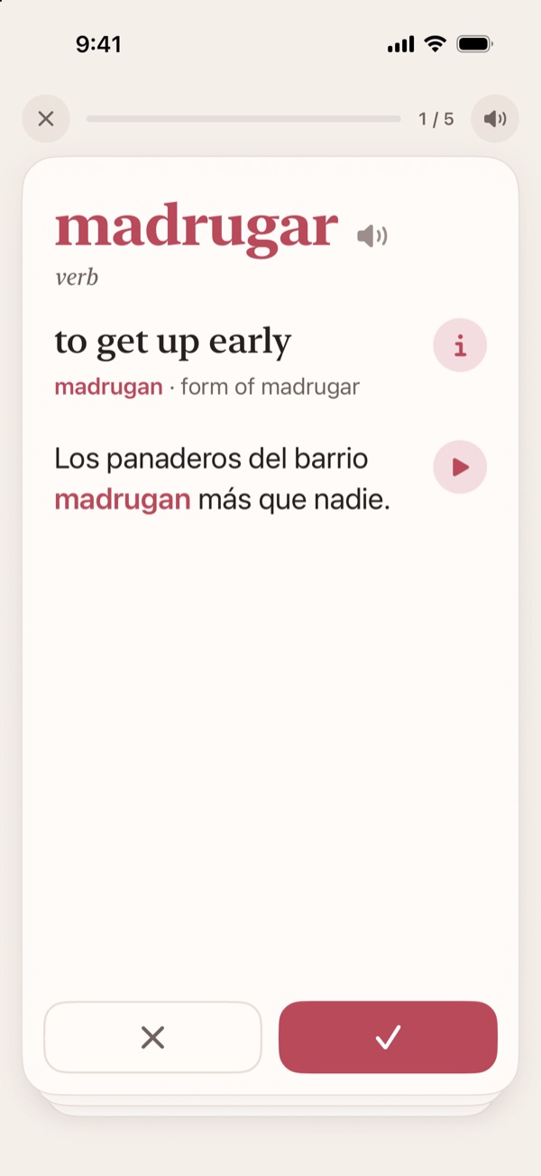 A review card for “madrugar”, to get up early, with the sentence it was heard in.