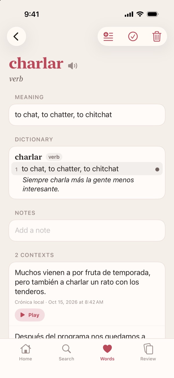 The saved Spanish word “charlar”, to chat, with its meaning, dictionary entry and the sentences it was heard in.