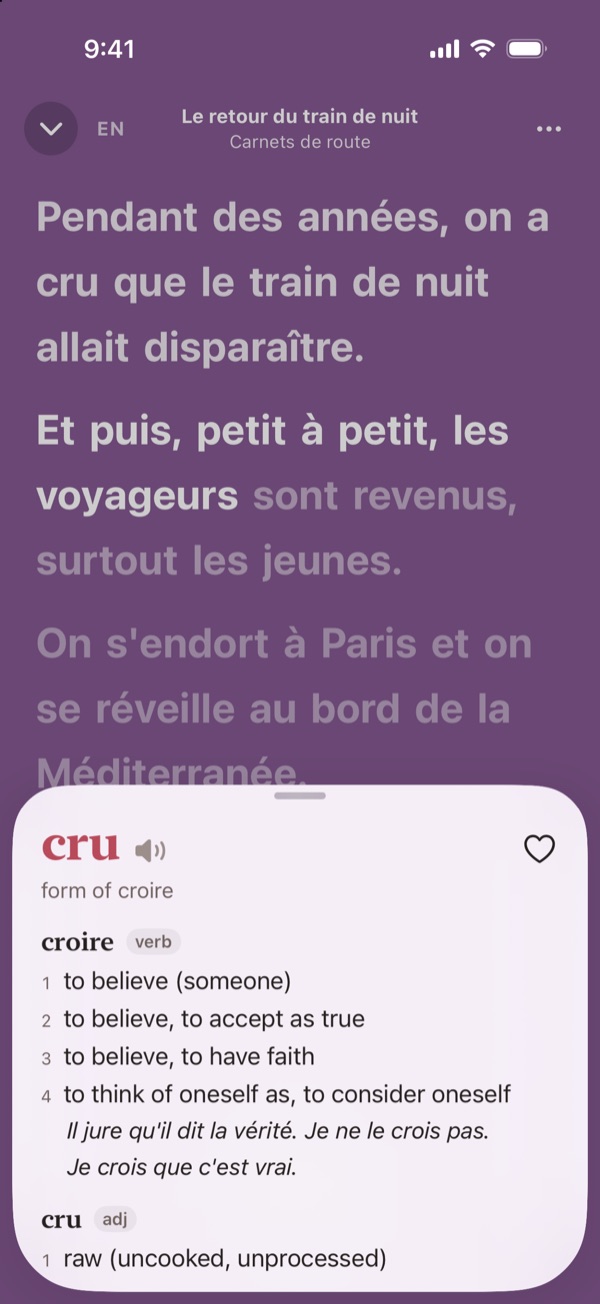 A French podcast with the dictionary entry for “cru”, a form of croire, to believe.